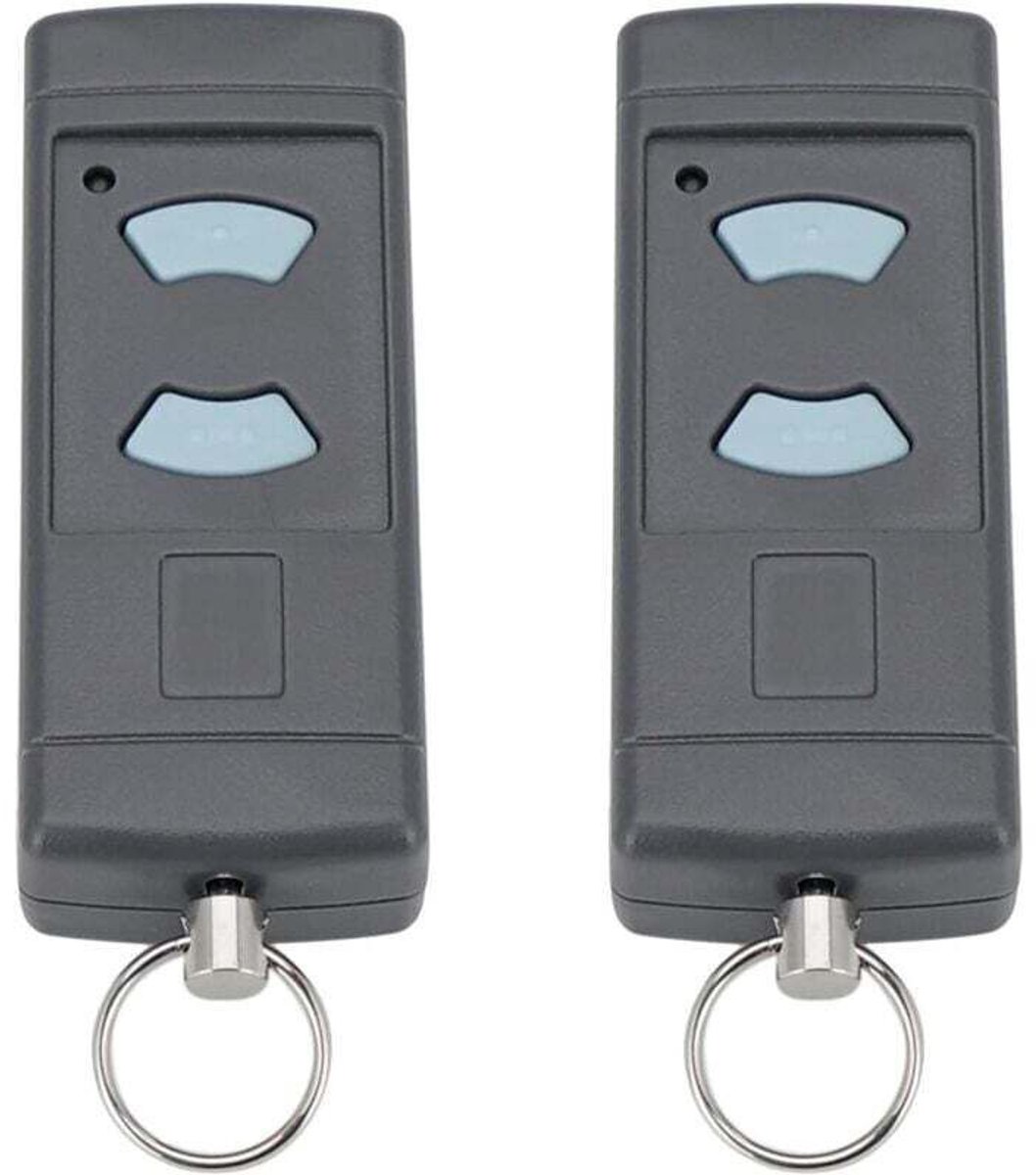 Een set van twee afstandsbedieningen voor garagedeuren met blauwe knoppen is compatibel met 868 MHz en is geschikt voor HORMANN HSE2-868, HSM4-868, HSE4-868 en Tubauto HSM4-868, HS4-868.