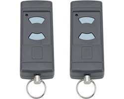 Een set van twee afstandsbedieningen voor garagedeuren met blauwe knoppen is compatibel met 868 MHz en is geschikt voor HORMANN HSE2-868, HSM4-868, HSE4-868 en Tubauto HSM4-868, HS4-868.