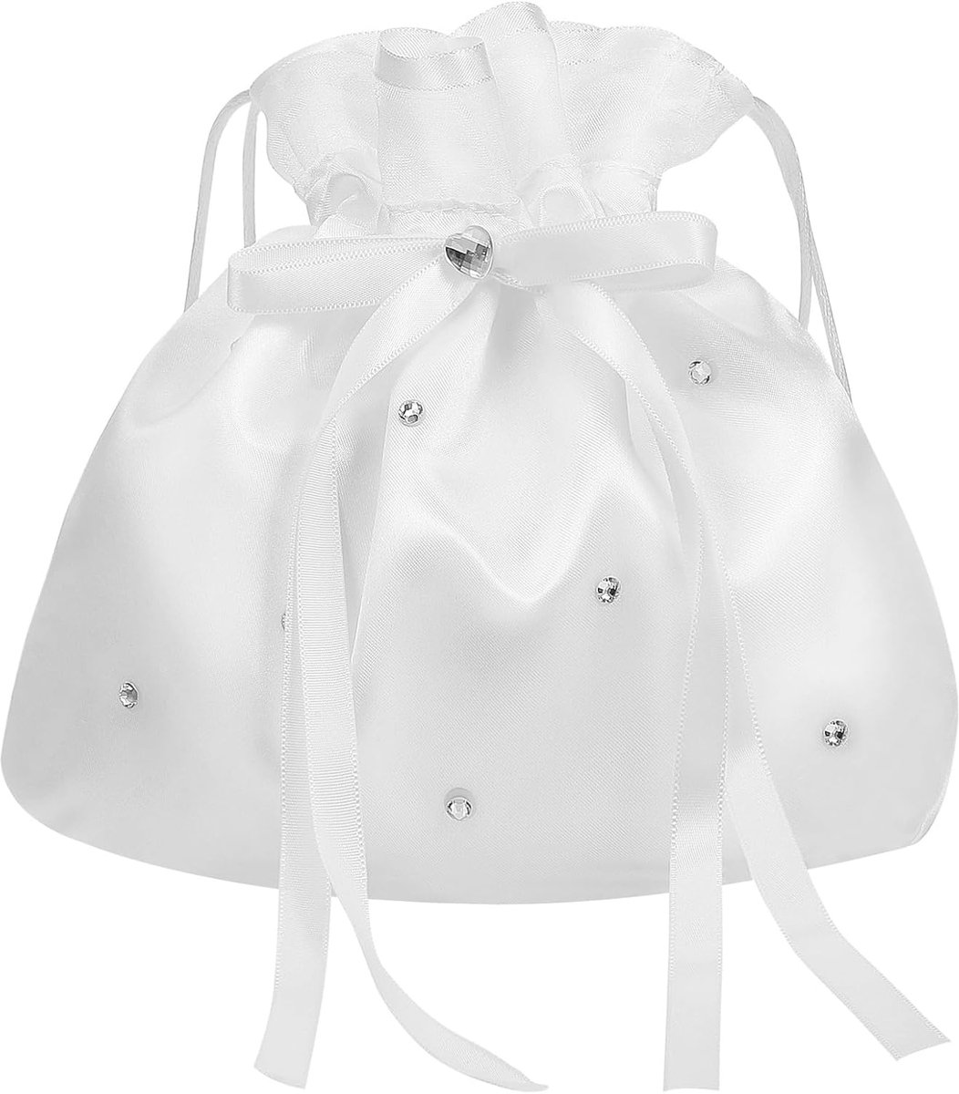 Angoily Satin bride wedding money bag white wedding satin bridesmaid rhinestone decorated bag bride dolly bags silk - ShopVlot