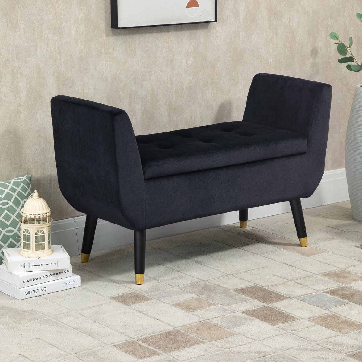OKWISH Zitbank Met Opbergruimte En Armleuningen – 107 X 42 X 65 Cm – Polyester En Hout – Zwart – Gecapitonneerde Vintage Bank Voor Woonkamer En Hal