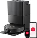Zwarte Roborock Qrevo S5V robotstofzuiger met dock, smartphone en smartwatch. 12000 Pa zuigkracht en FlexiArm-dweilen.