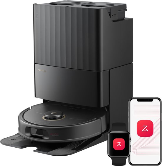 Zwarte Roborock Qrevo S5V robotstofzuiger met dock, smartphone en smartwatch. 12000 Pa zuigkracht en FlexiArm-dweilen.
