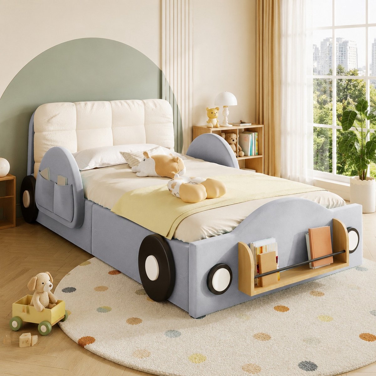 DESMIU Gestoffeerd Bed 90x200cm – Hydraulische Opbergruimte Met Zijzakken En Boekenplank – Kinder En Jeugdkamer – MDF En Stof – Grijs Zonder Matras