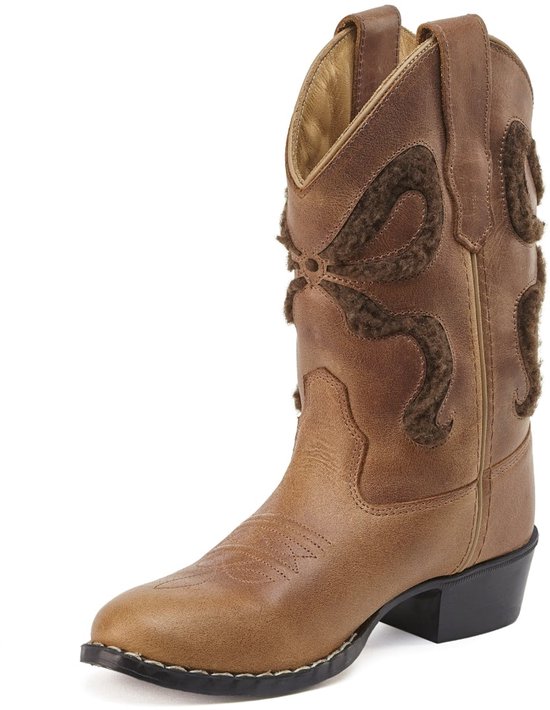 Cognac kleurige cowboylaars met bruine strik-applicatie en vachtdetails op de schacht.