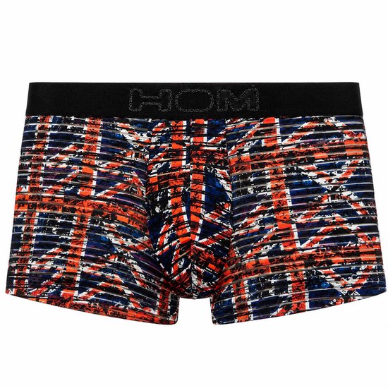 Korte broek met abstract patroon in rood, blauw, zwart en wit. Zwarte tailleband met 'HOM'.