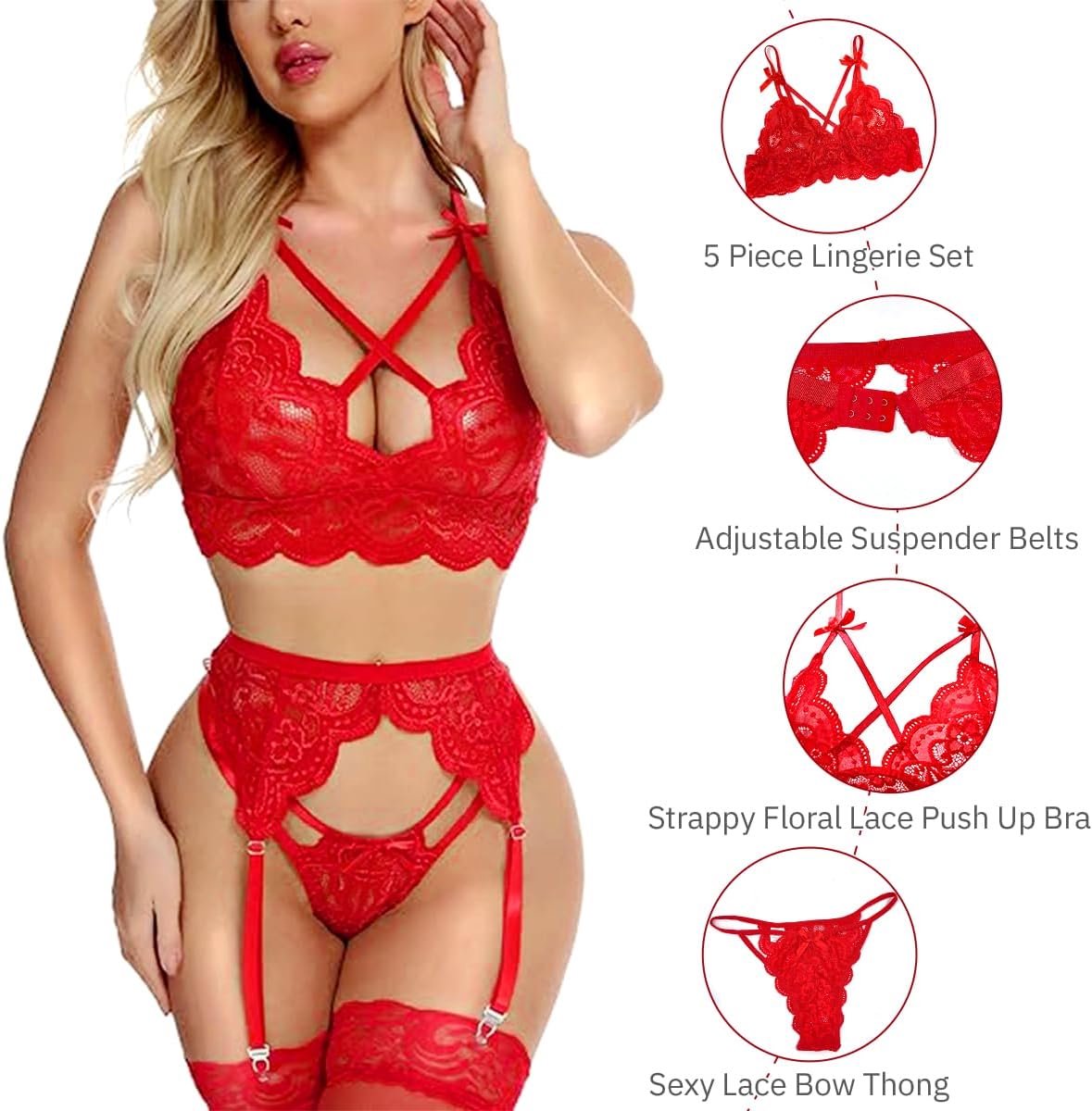 Sexy lingerieset voor dames - 3-delig - met jarretelgordel - kanten beha en broekje - set - jarretels - sexy lingerie - teddy - babydoll - bodysuit met jarretelgordels - hoge taille - jarretels - lingerie