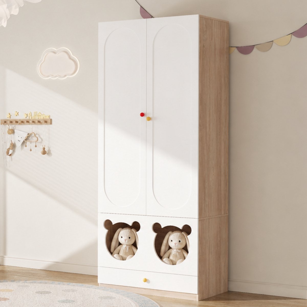 MIVRAY Kledingkast Voor Kinderen Met 2 Deuren, Kledingstang En Lades, Wit Houtlook, 80 X 50 X 200 Cm Voor Kinderkamer