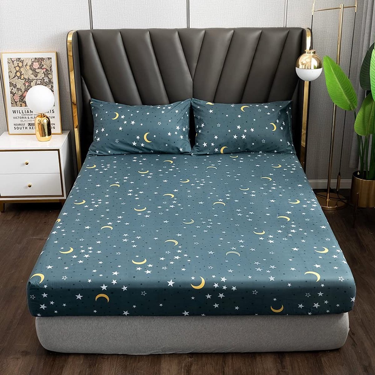 Solidchoice - Fitted Sheet 180 x 200 cm - Blauw Sterrenprint, Microvezel Hoeslaken met Elastiek