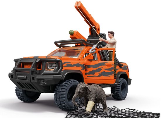 Oranje Schleich Wild Life terreinwagen met kraan, figuur en gewonde olifant met gaas.
