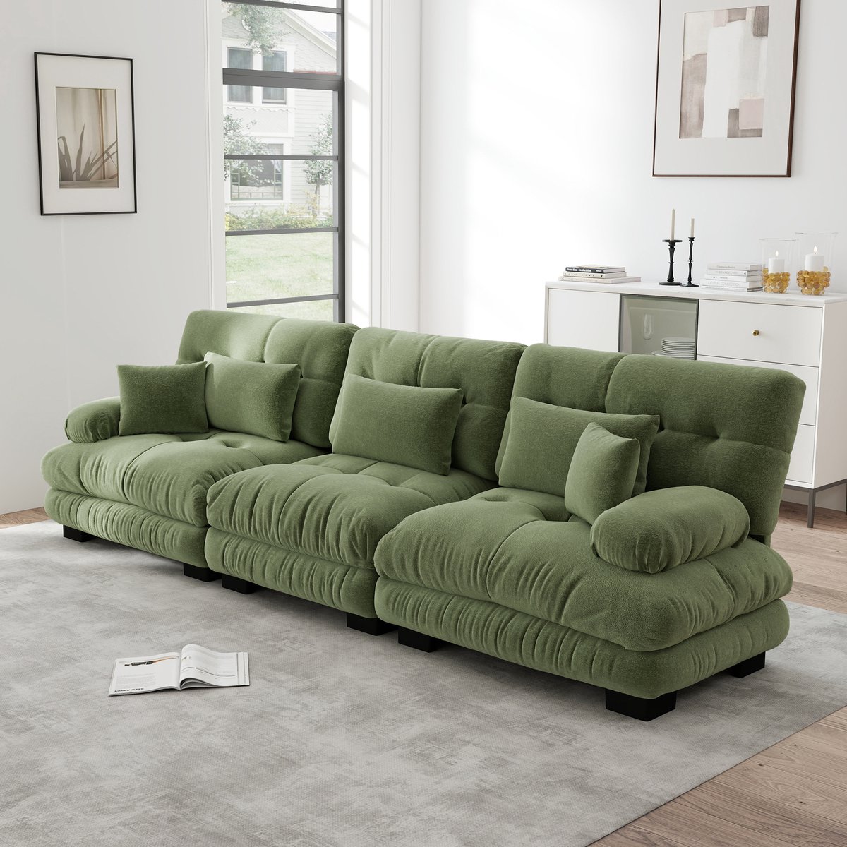 3-Zits Modulair Hoekbank met Diepe Zit - Chenille Bank Comfortabel Gestoffeerd - 313x77x81 cm, Groen