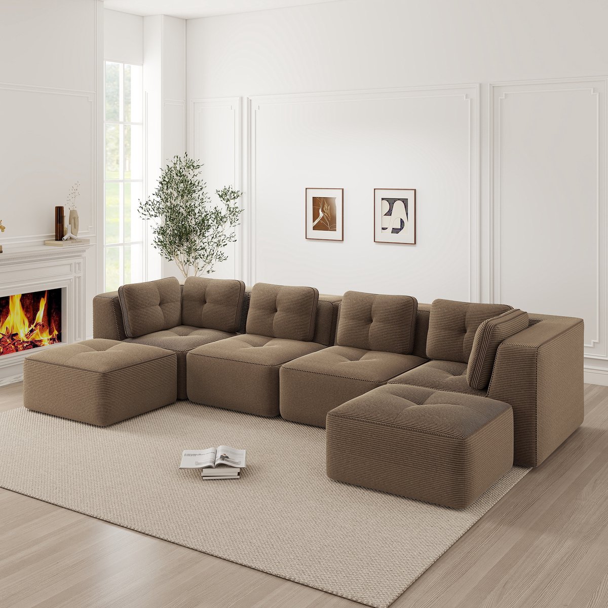 Modulaire U-Bank 4-Zits - Frameloze Cloud Sofa Met Voetenbank En Diepe Zit - Luxe Ribstof Hoekbank Met Antislip Onderkant - Grote Lounge Bank Voor Woonkamer - Bruin