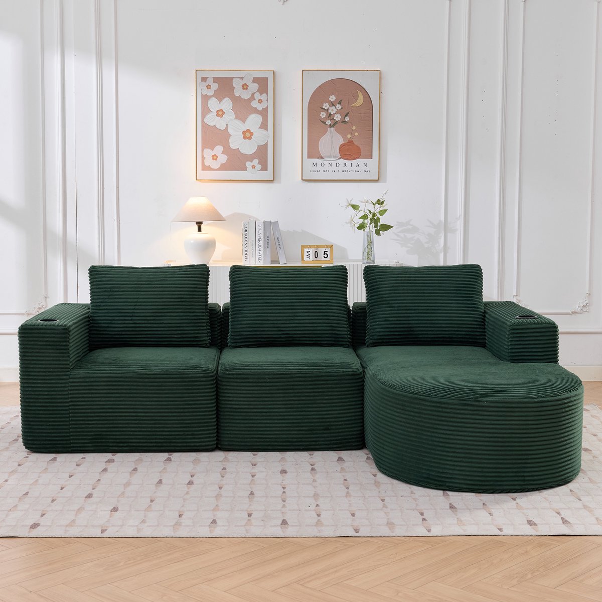 2 Zits Bank - Modulaire Lounge Sofa 265 cm - Ribstof Bank Met 3 Kussens En 2 Bekerhouders - Zachte Comfortabele Bank Zonder Montage - Compacte Sofa Voor Kleine Woonkamer Appartement Kantoor - Vintage Groen