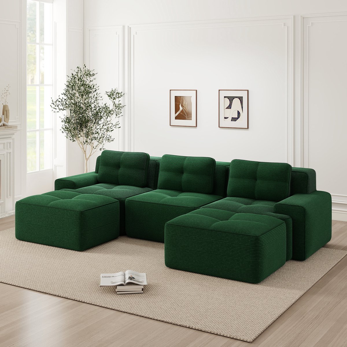 Modulaire Hoekbank - Corduroy Cloud Sofa U-Vorm Met Voetenbank, Frameloze Bank Met Diepe Zit En 32D Schuim - Zachte Lounge Bank Zonder Montage Voor Woonkamer - Groen