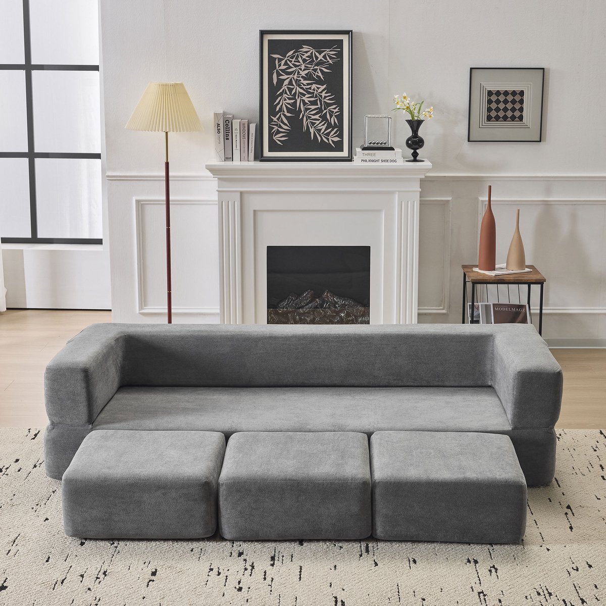 Lounge Slaapbank - 3 Personen Chenille Bank Met Bedfunctie En Afneembare Bekleding