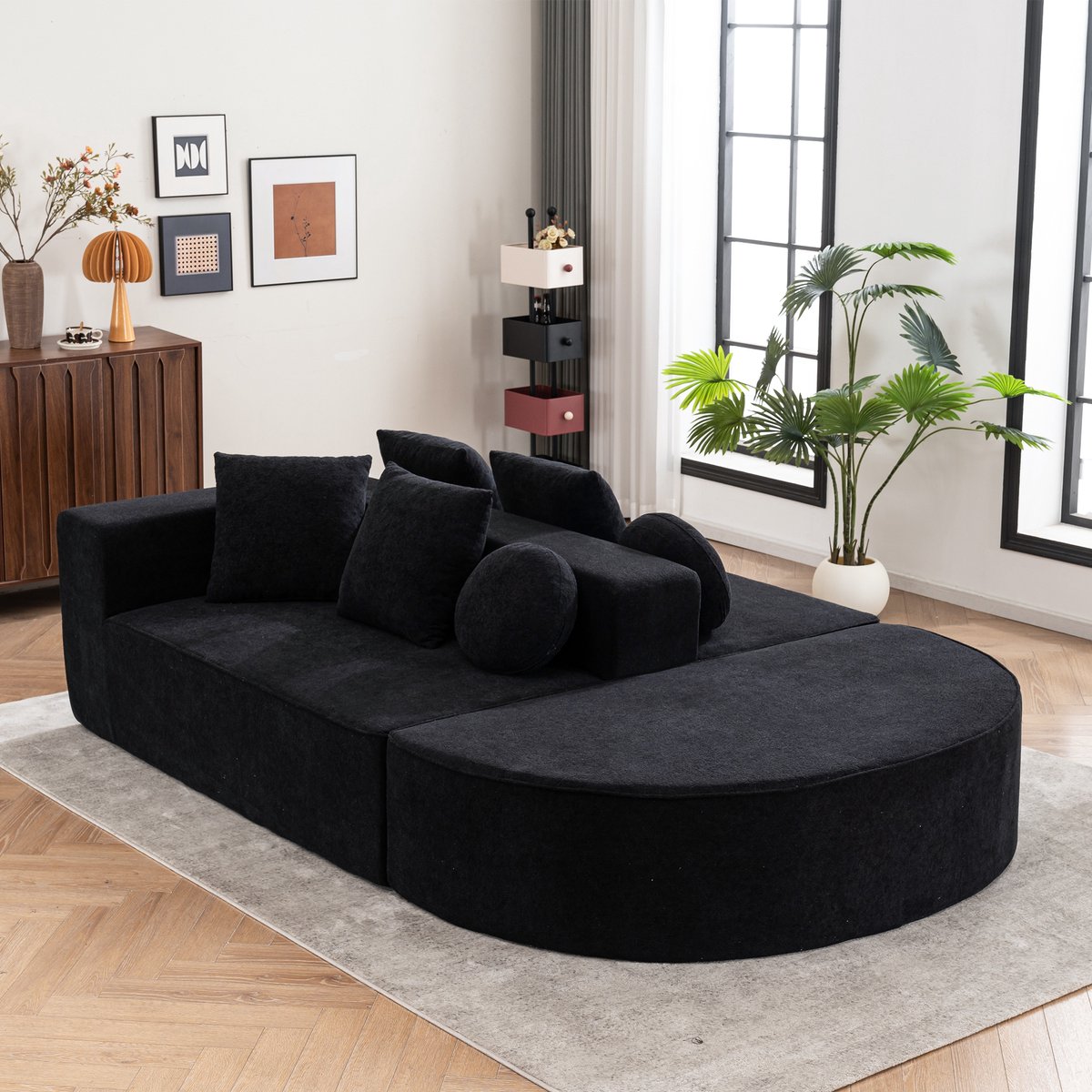 Modulaire Hoekbank - Chenille Bank - 5 Zits Loungebank Slaapbank Zwart Zonder Montage