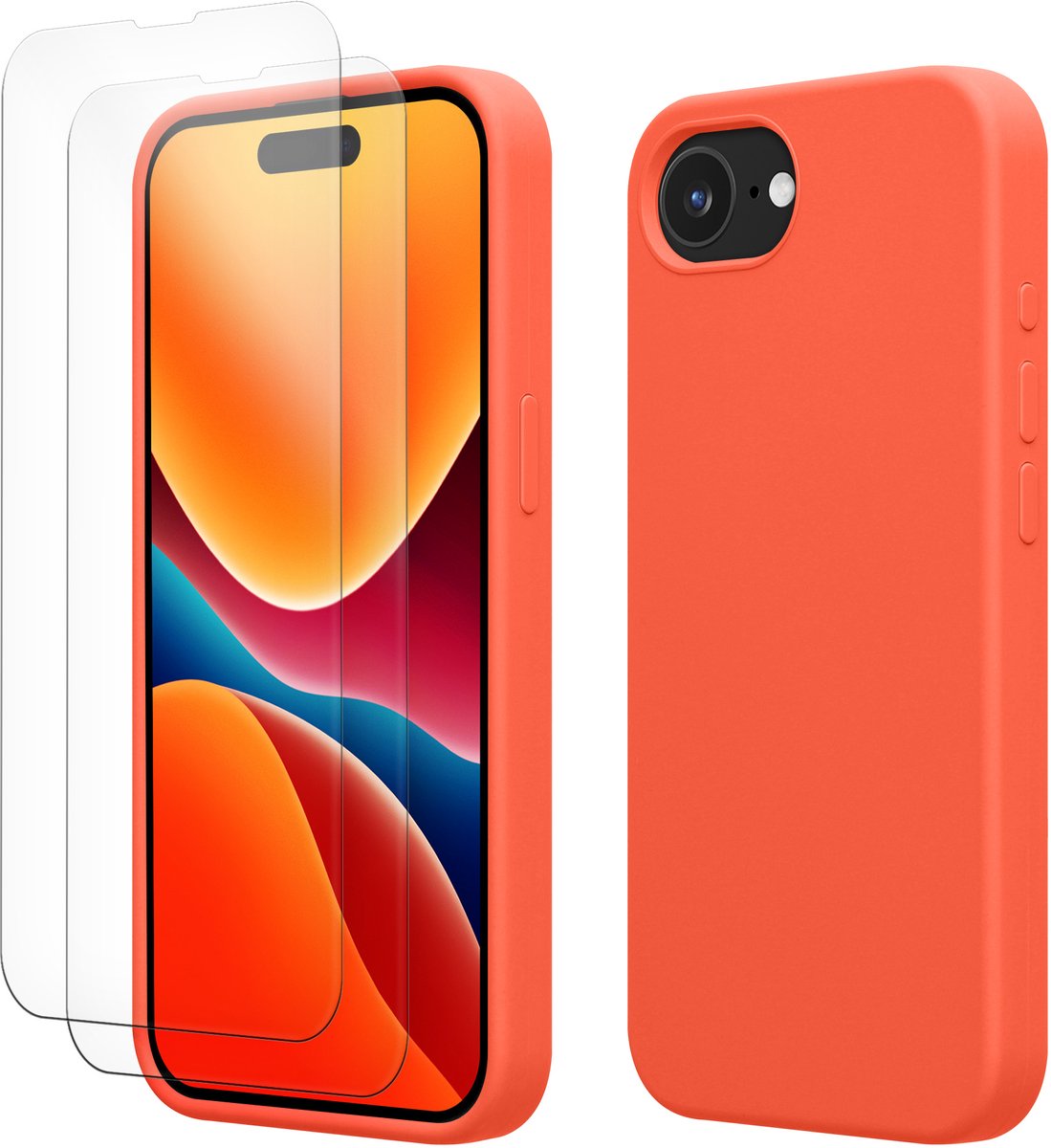 kwmobile hoes met 2x screenprotectors voor Apple iPhone 17e / iPhone 16e – screenprotector van gehard glas – draadloos opladen – levendig koraal