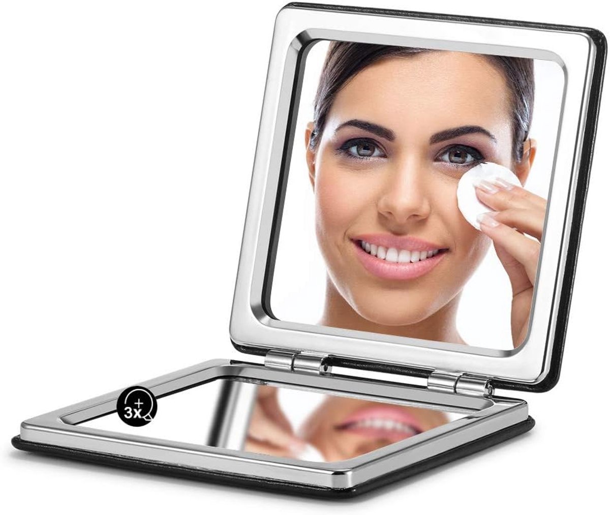 Compacte spiegel, klassiek PU-leer 1X/3X vergroting, tas ultra draagbaar voor portemonnees en reizen (zwart)