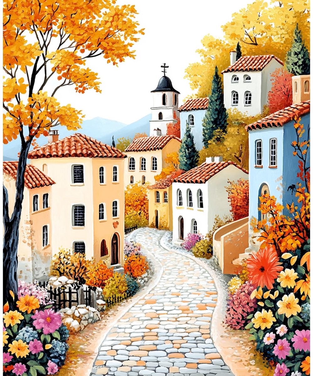 Schilderen op nummer 30x40cm - kleurrijke huizen landschap - DIY olieverf set - m-winkel