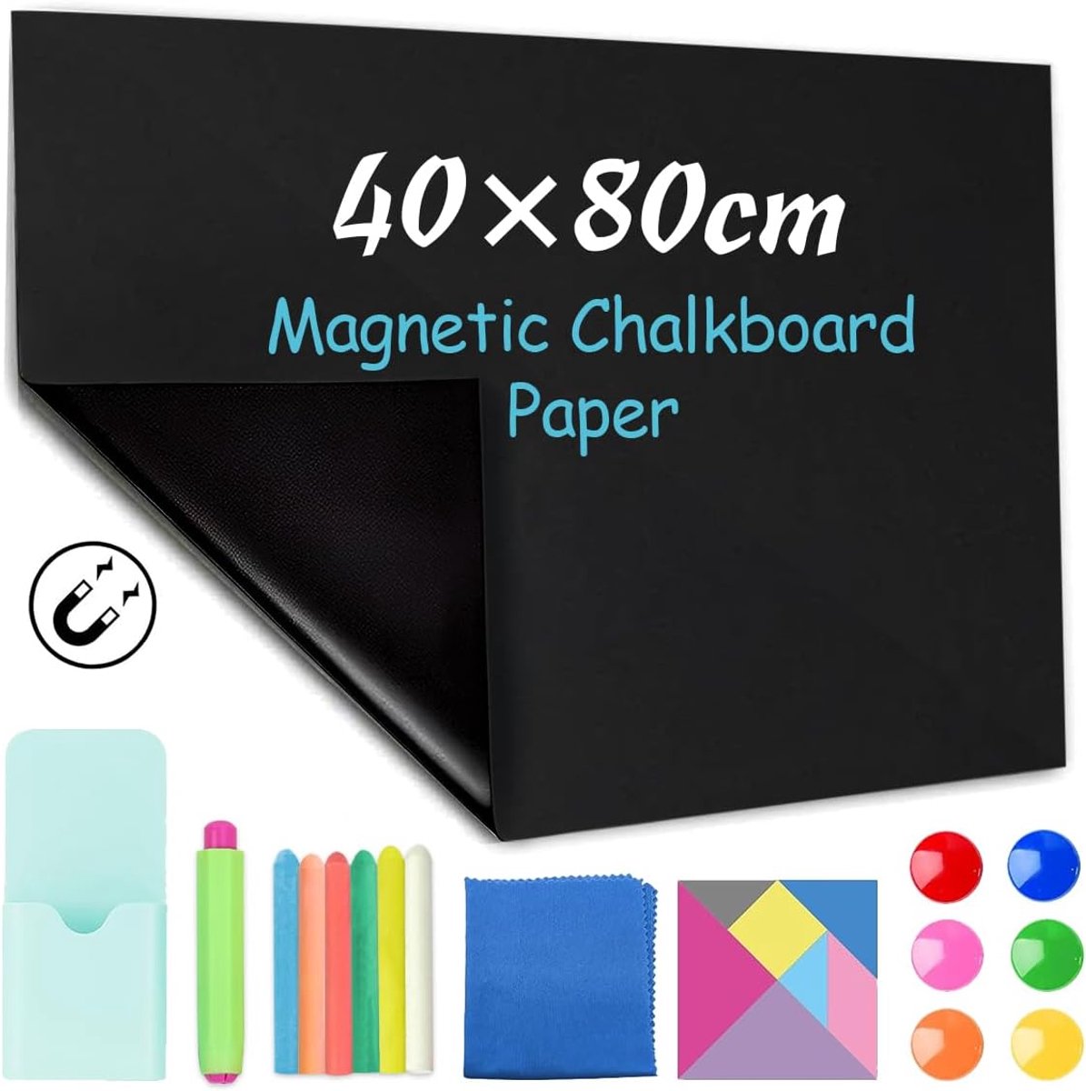 Bord, zelfklevend, 40 x 80 cm, vinyl, magnetisch, zelfklevend, zwart, afwasbaar, magneetofiel voor kinderen, muur voor thuis, kantoor, school, koelkast, kinderkamer