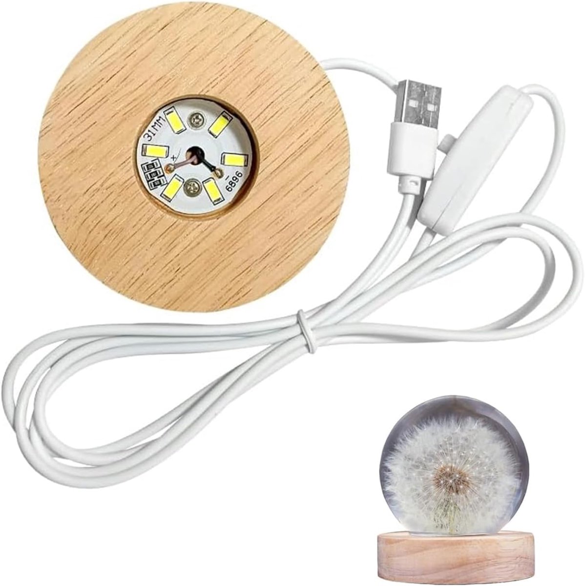 Ronde siliconen vorm, houten ledverlichting, displaybasis, ronde displaybasis voor doe-het-zelf acrylplaat, decoratief ornament, kristalbeelden, glazen bol (wit licht)