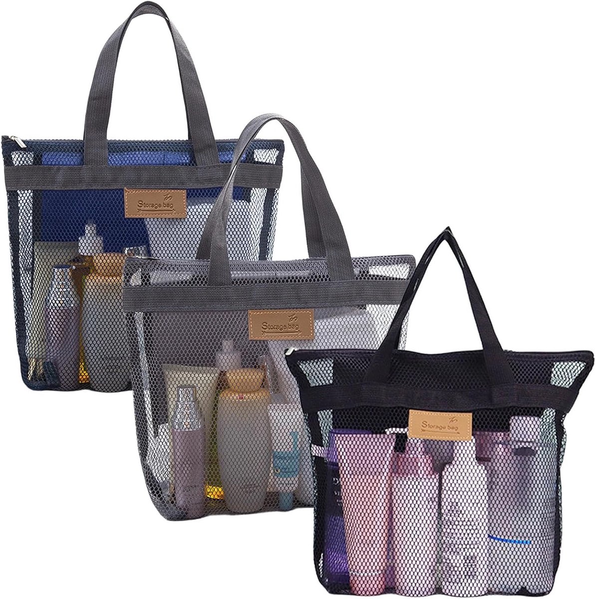 strandtas, 3 stuks, draagbare douchetas, camping, douchetas, mesh-douchemand met handvat, reistoiletartikelen met ritssluiting voor slaapzaal, fitnessstudio, strand, reizen en