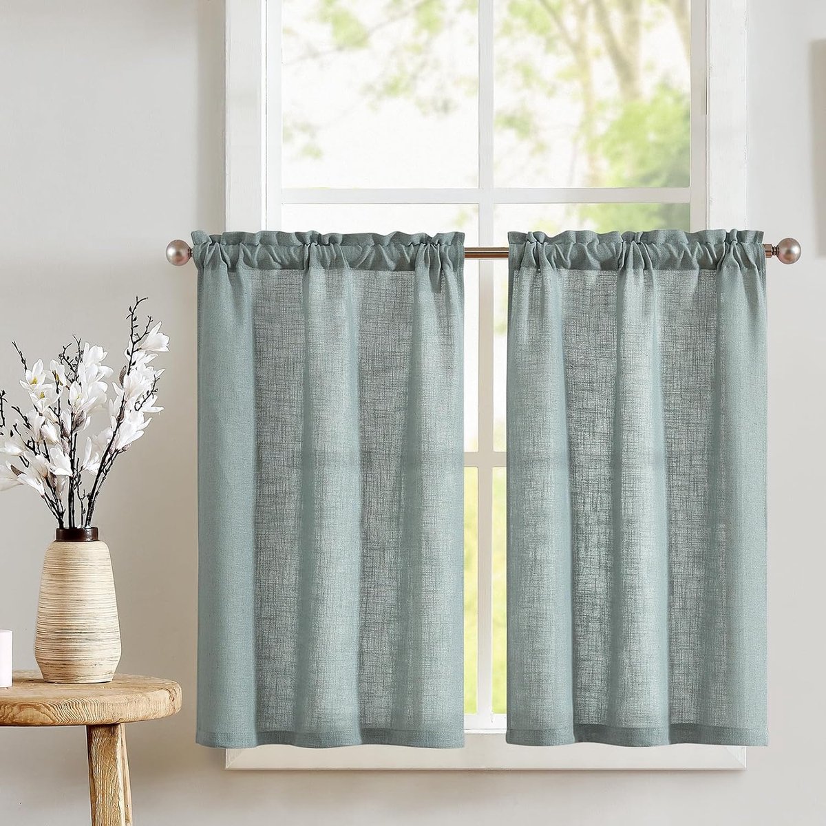 Glasgordijnen, vitrage, linnen, bistrogordijnen, vlas, halftransparant, lichtfiltering, modern, voor woonkamer of keuken, landelijke stijl, kleine ramen, set van 2, 65 x 115 cm, olijfkleurig