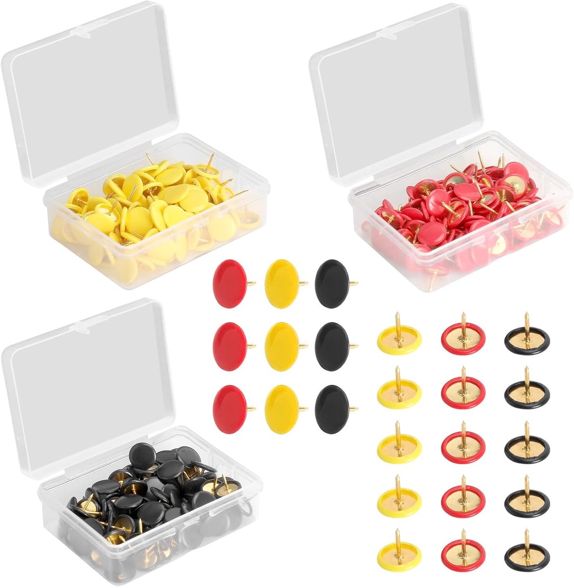 Punaises, platte kop, punaises, punaises, punaises in zwart, rood, geel, met metalen kern en 3 transparante opbergdozen voor prikbord, kantoor, school, thuis, 10 mm