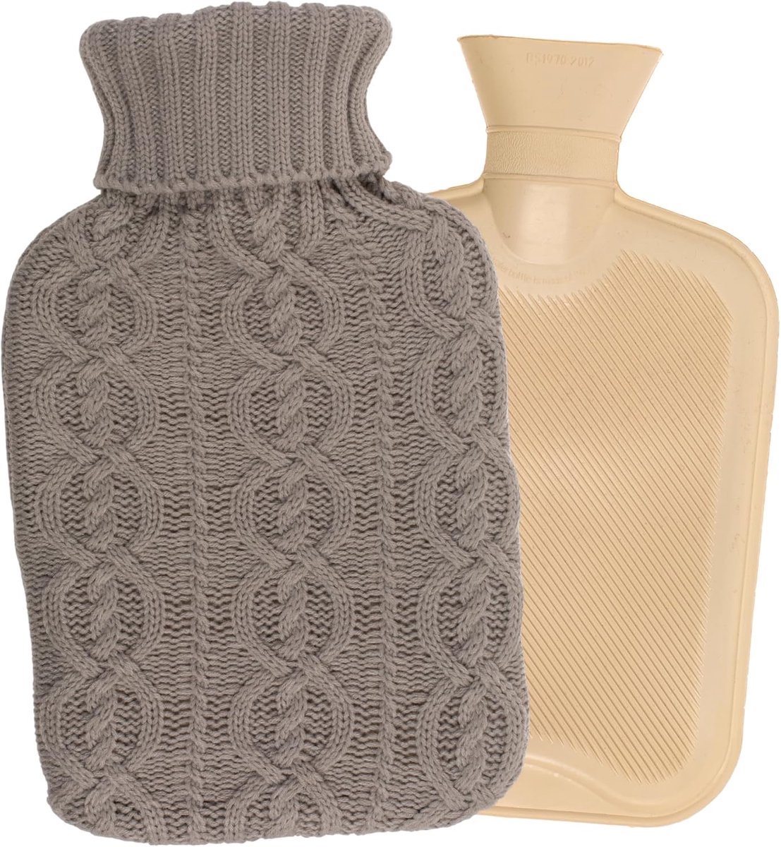 Warmwaterkruik met gebreide overtrek, 1,7 liter, vlechtpatroon, behaaglijke warmtedispenser, herbruikbaar en veilig, voor koude dagen en ontspannen avonden (lichtgrijs)