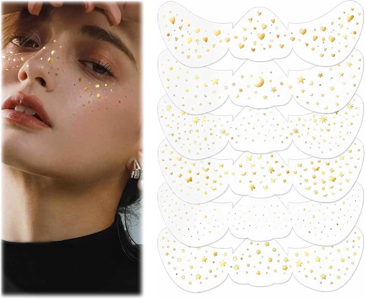 6 stuks glitter zomersproeten tattoo, gouden tattoofolie, waterdicht freckle design, glinsterende gezichtstattoeages, feestaccessoires, zelfklevende glittersteentjes