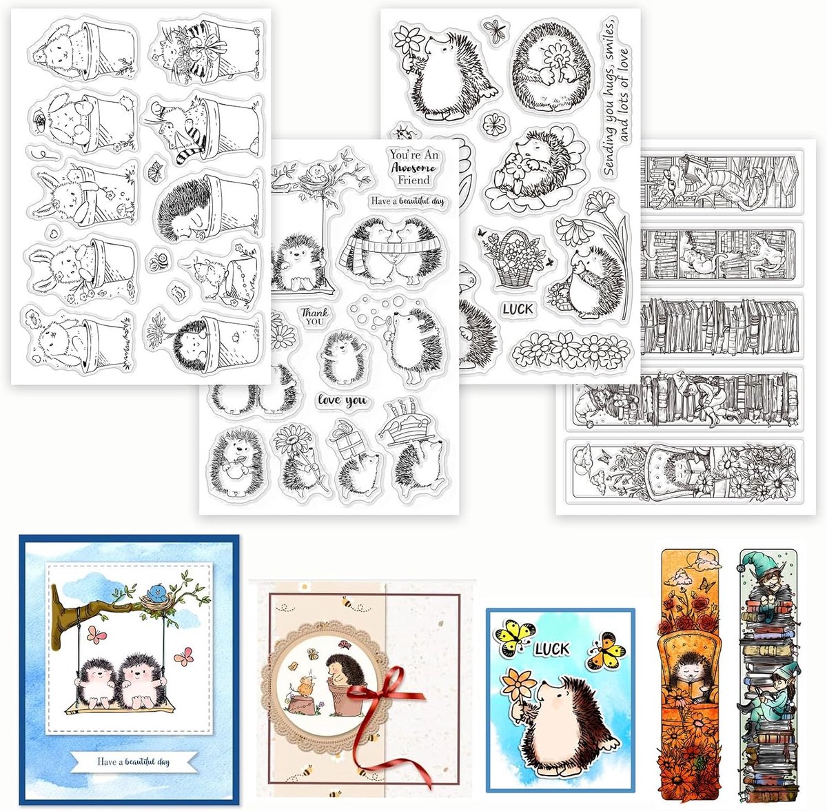 4 vellen transparante egelstempels voor scrapbooking, cartoon, dier, konijn, siliconen stempel, bladwijzerset met transparante stempels voor het maken van kaarten