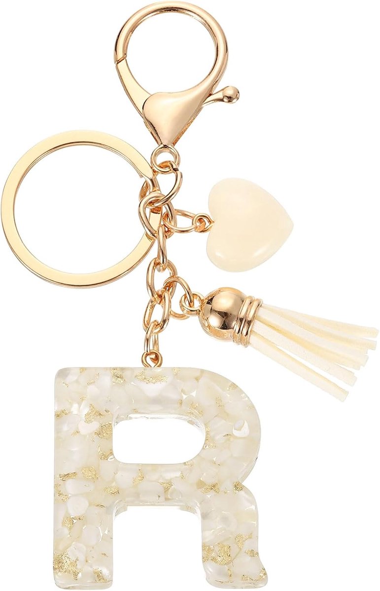 R Sleutelhanger met initialen letters, accessoire met kwastje en schattig hart van hars voor vrouwen, alfabetische sleutelring voor tassen, rugzakken, portemonnees, wit - R