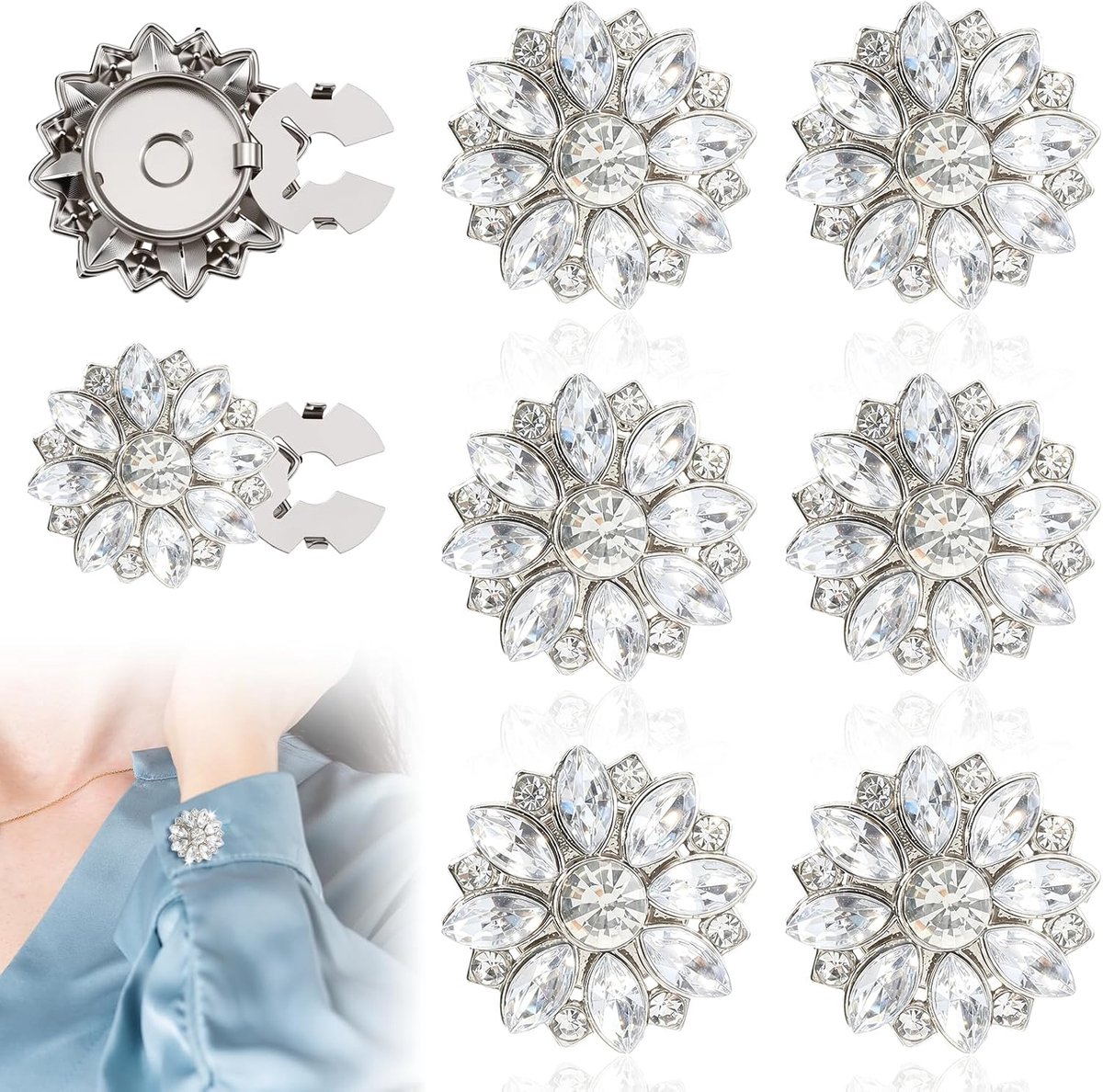 6 stuks strass knopbedekkingen, zilveren strass-knopen knopen knopen bloemen patroon voor het oppeppen van overhemden, blouses, jurken en mantels, knopafdekking (zilver)