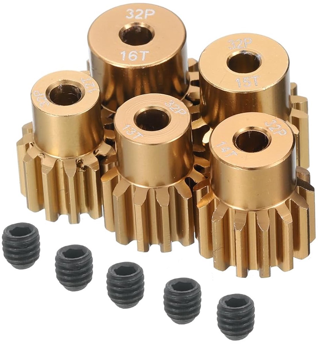 5 stuks 32DP M0.8 motor tandwiel 3,175 mm schacht 12T/13T/14T/15T/16T geharde tandwielen transmissie aluminium voor 1/10 RC model auto goudtint