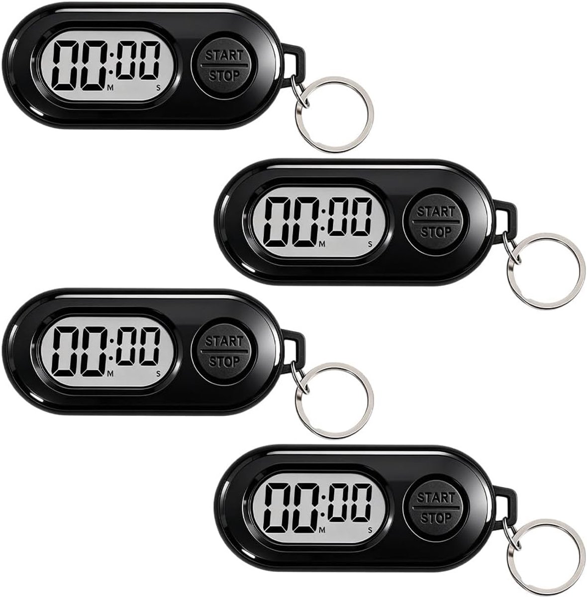 Stopwatch, 4 stuks mini-afteltimer, lcd-scherm, stopwatch met sleutelhanger, lichte kleine keukentimer, eierwekker, digitale timer voor koken, studeren, oefeningen, zwart
