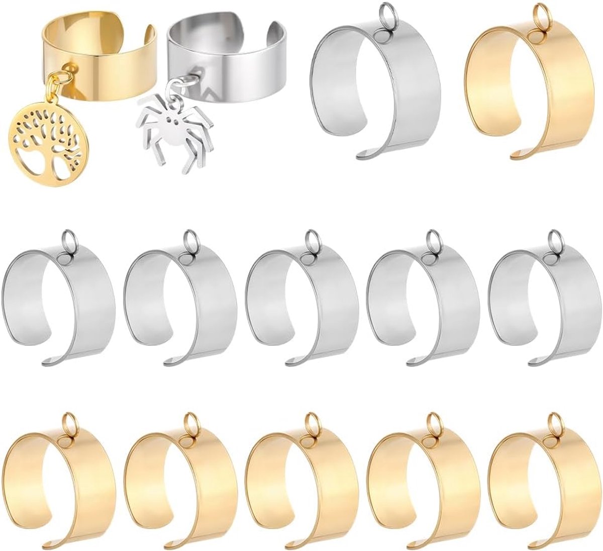 1 doos 24 stuks vingerringzettingen 18K verguld 304 roestvrij staal clip oorbellen 17 mm manchetten met lus voor dames en heren eenvoudige ring sieraden maken