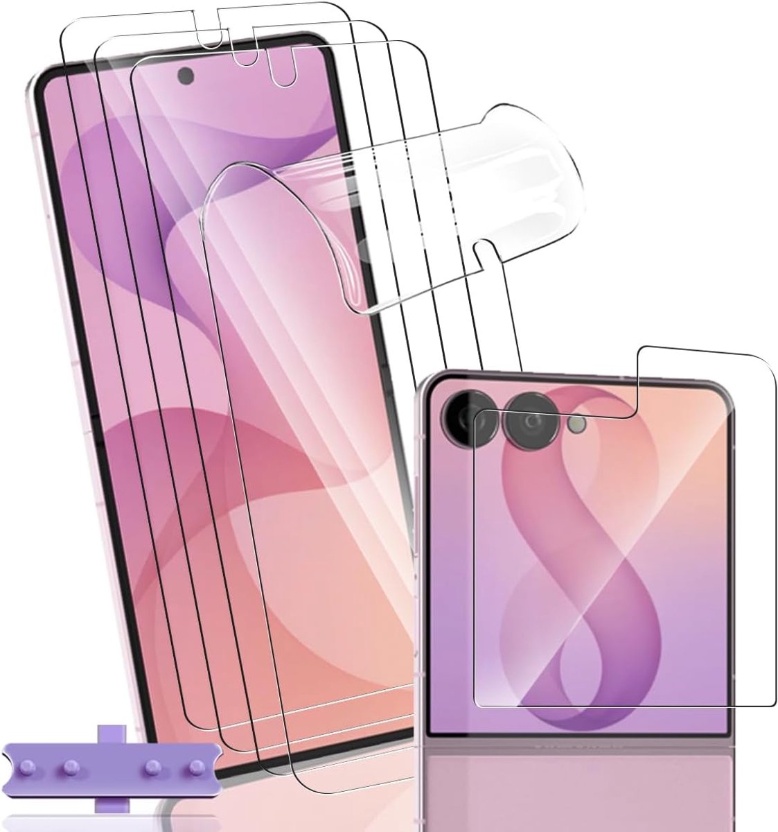 Displaybeschermfolie voor Samsung Galaxy Z Flip 8 niet-gehard glas, 4 stuks displaybeschermfolie flexibel + 1 stuk achtercamera van gehard glas, High Definition voor Galaxy Z Flip 8