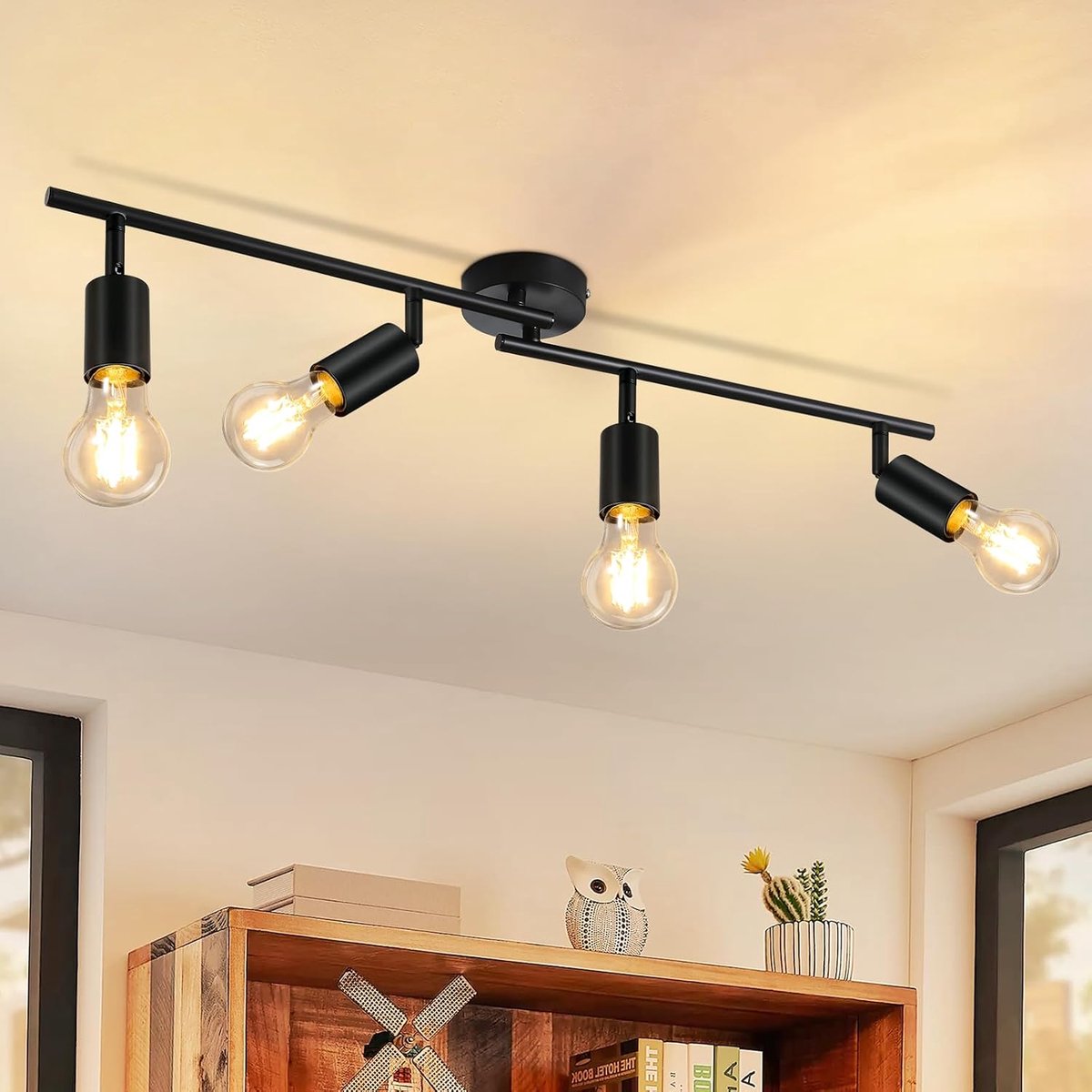 Plafondlamp Zwart Plafondspot 4 Vlammen - E27 Hal Plafondspot | Vintage Plafondlamp Draaibaar 350° Spots Industriële Keukenlamp voor Keuken Woonkamer Slaapkamer (zonder gloeilamp)