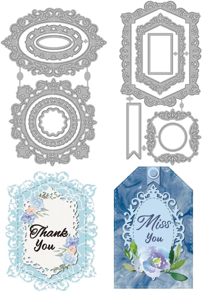 4 Stijlen/Set Vintage Kant Frame Die Cut Ovale Label Tag Snijden Die Vierkante Kant Grens Achtergrond Metalen Die Cuts Genest Ronde Frame Matrijzen Voor Kaarten Maken DIY Scrapbooking