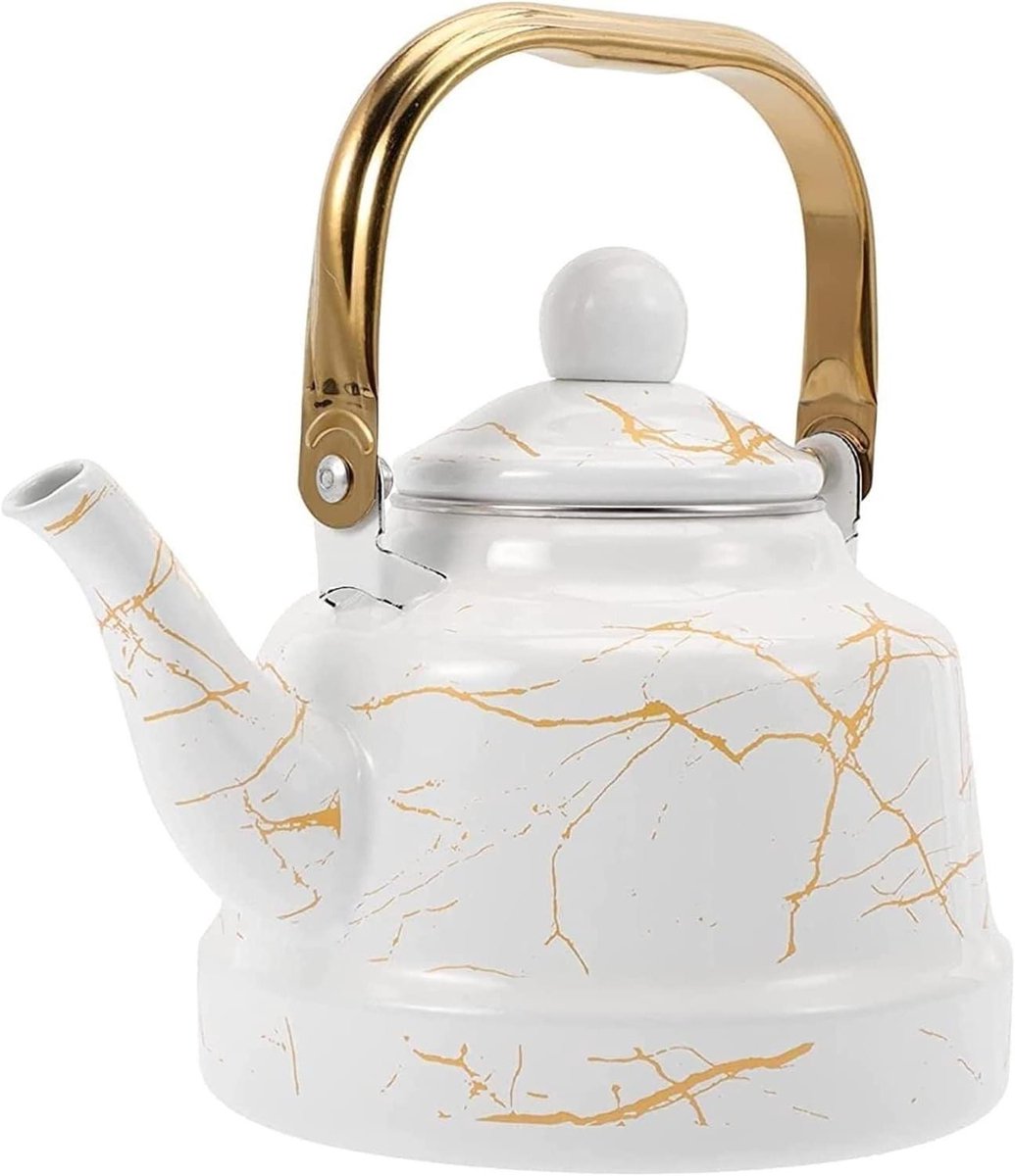 Waterketel Emaille - Theeketel Fluitketel - Water Koken - Marmerlook Design - 1.7L - Wit