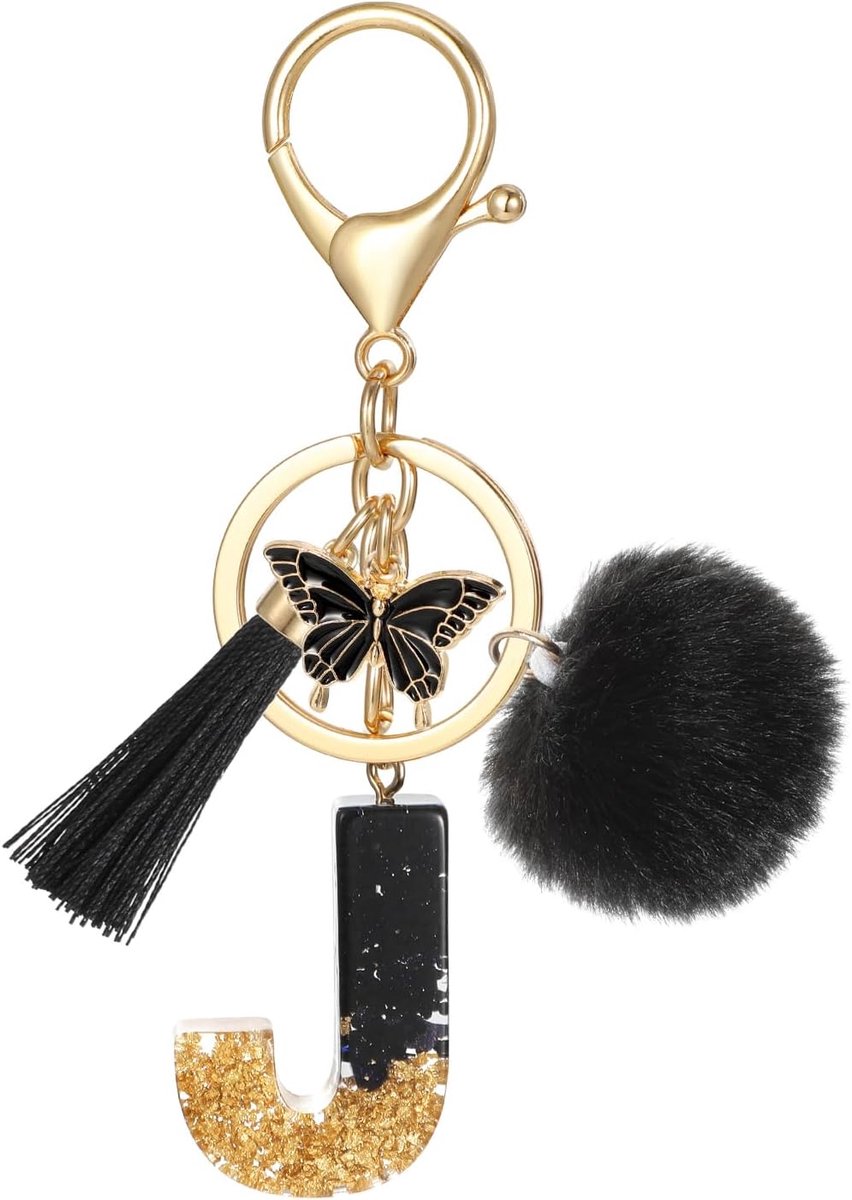 Alfabet sleutelhanger met beginletters, naam sleutelhanger met kwastje vlinder hanger pom pom voor vrouwen, zwarte hars goudfolie pailletten sleutelhanger charme voor deur auto sleutel handtas