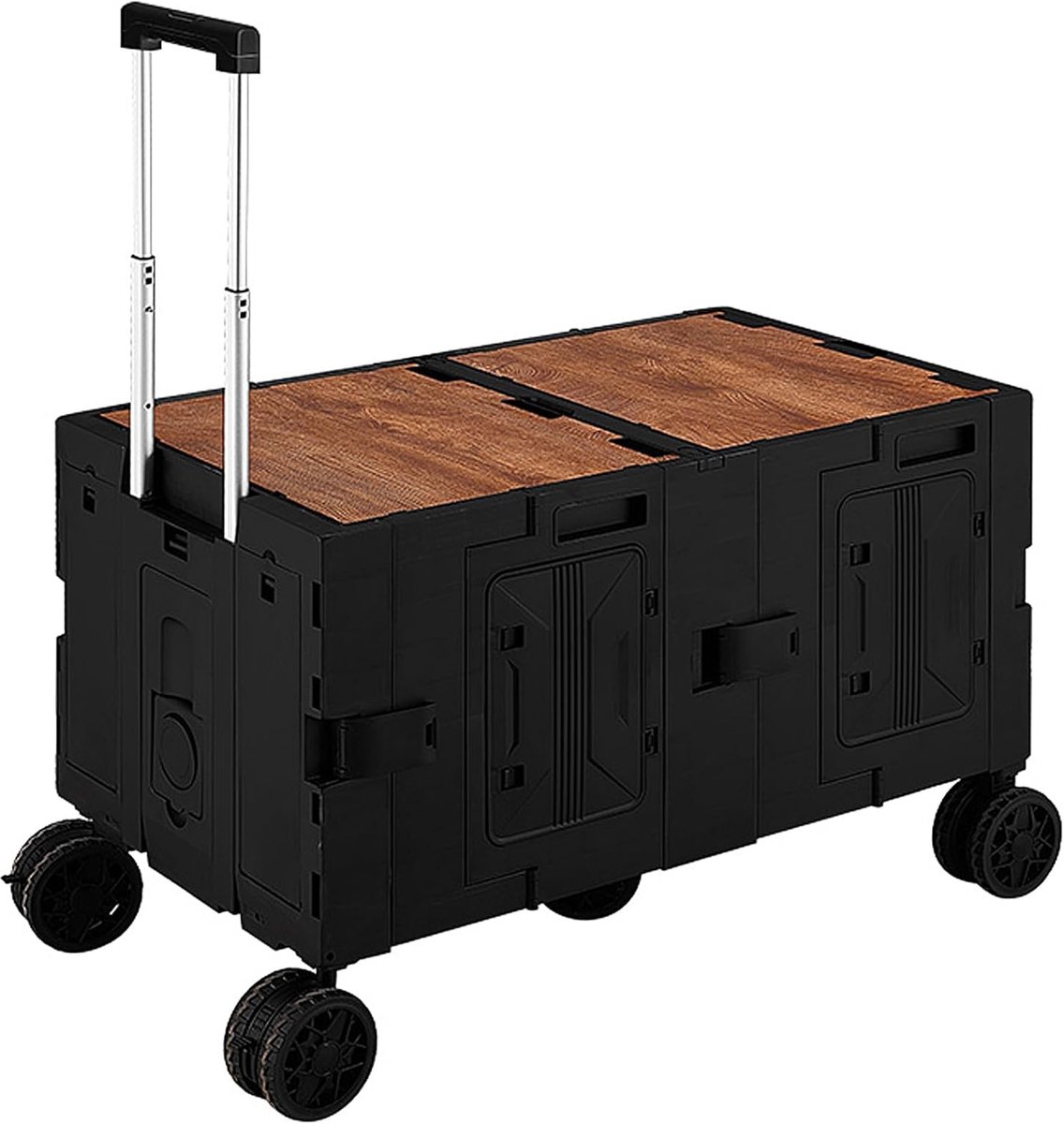 Kampeerwagentje met 4 × 360° wielen en remmen 400 lbs Heavy Duty Opvouwbare Wagon, 150L opbergdoos, bekerhouder en tafelblad (zwart)