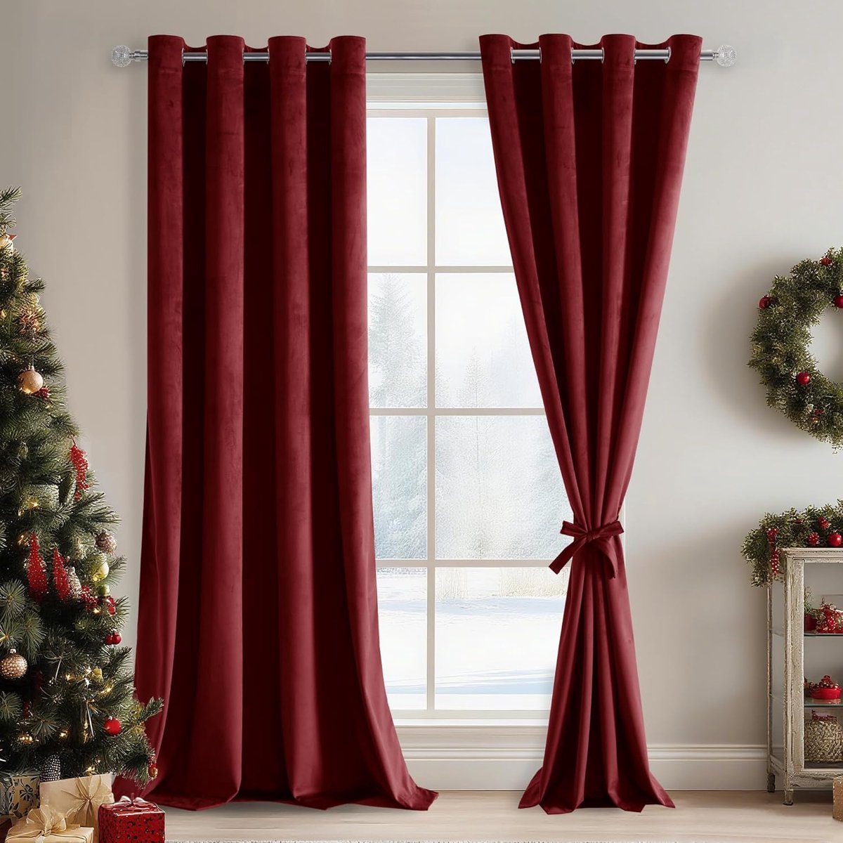 Wijnrode fluwelen gordijnen met ringen, set van 2, H245xB140cm, volledig verduisterende fluwelen gordijnen met gordijnknopen voor woonkamer, slaapkamer, prachtig zacht, gordijnen, fluwelen