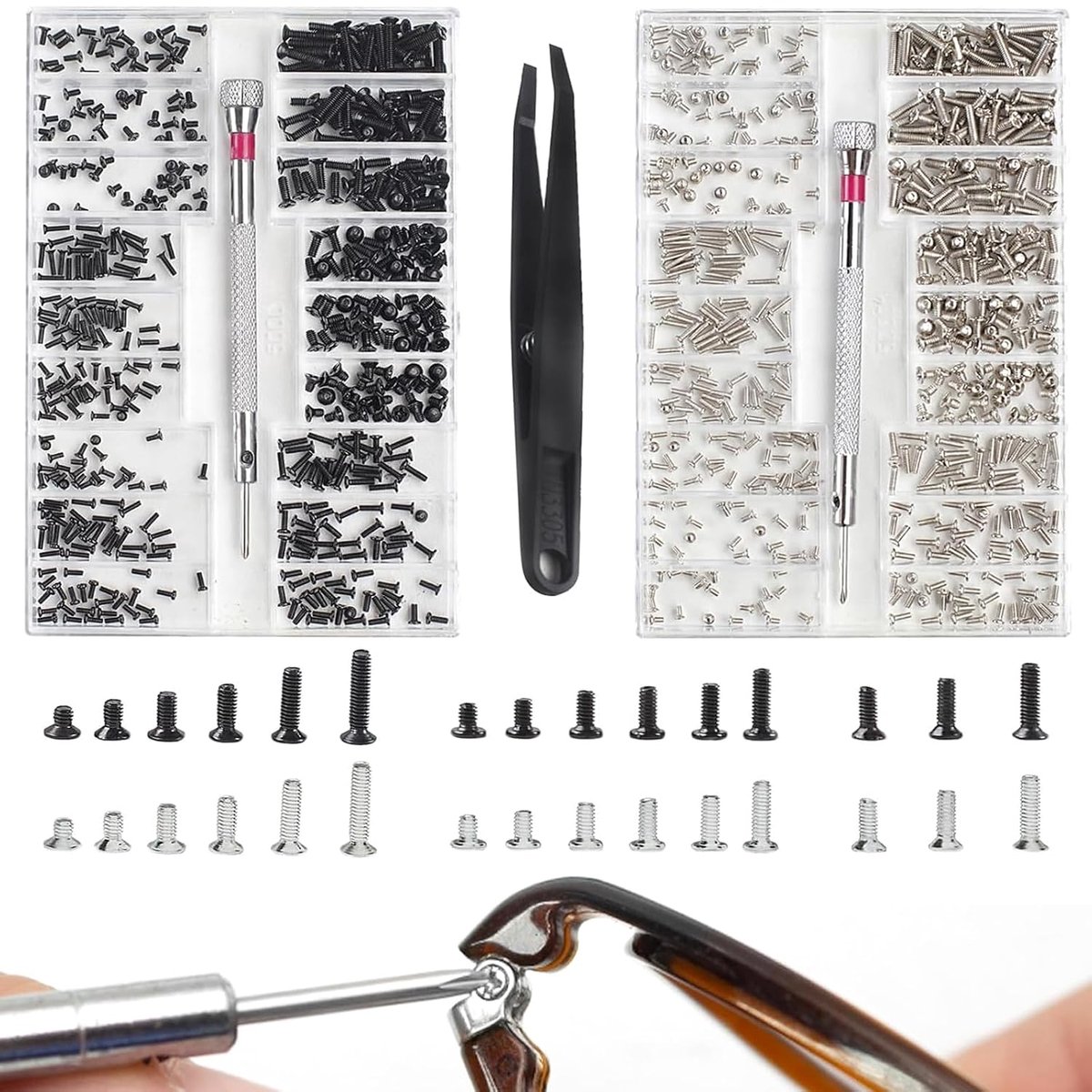 Kleine schroeven, Schroeven assortiment kit, Brilschroevenset met schroevendraaier, voor brillen, laptops, brillen, sieraden, camera's, horloges