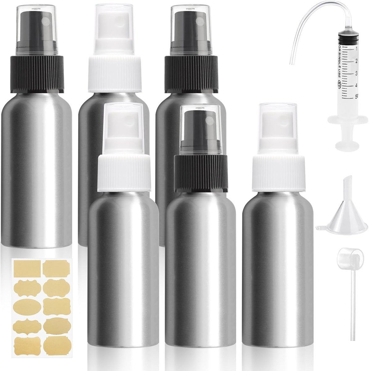 6 Stuks 30ml Kleine Aluminium Spuitfles, Aluminium Spuitfles, Verstuiver Spuitfles, Pompverstuiver met Trechter/Spuit/Etiket, Draagbare Verstuiver Parfum voor Cosmetica, Vloeistof