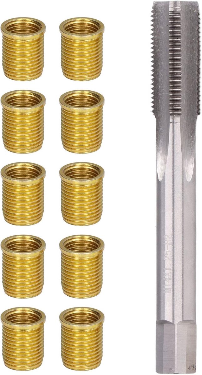 Bougie Draadreparatieset, 14 Mm Hogesnelheidsstalen Kraanbougie met 10 Stuks M12 X 1.25 Draadinzetstukken en een M14 X 1.25 Draadkraan voor Benzinemotor Generator Dieselmotor