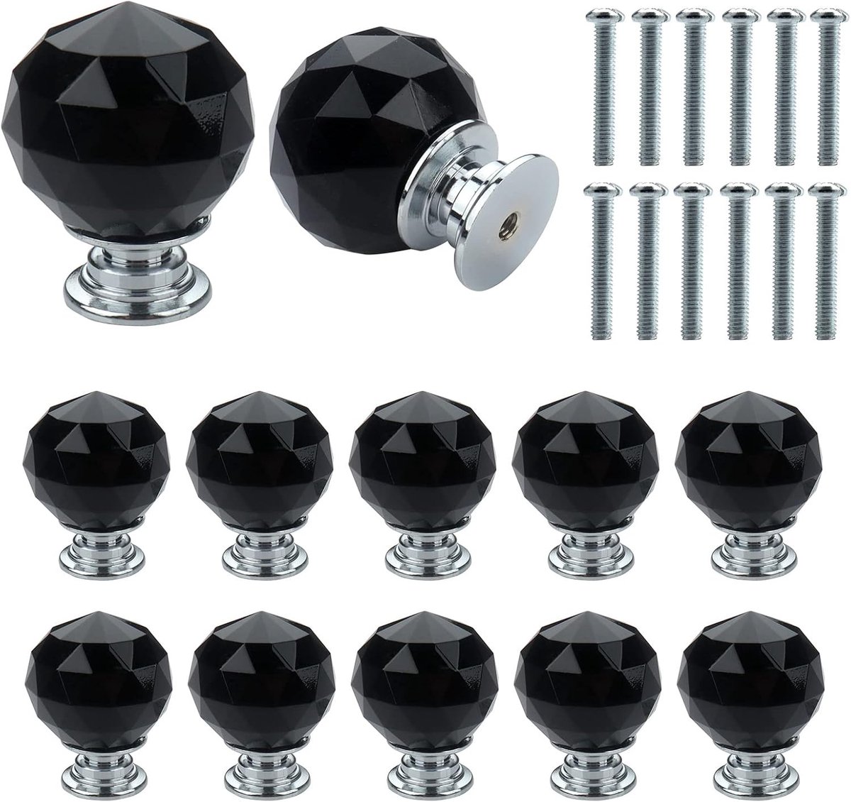 12 Stuks 30 mm Kristallen Bol Glazen Diamanten Deurknoppen Met Schroeven - Premium Lichte Luxe Kledingkast Lade Knop Enkel Gat (Zwart)