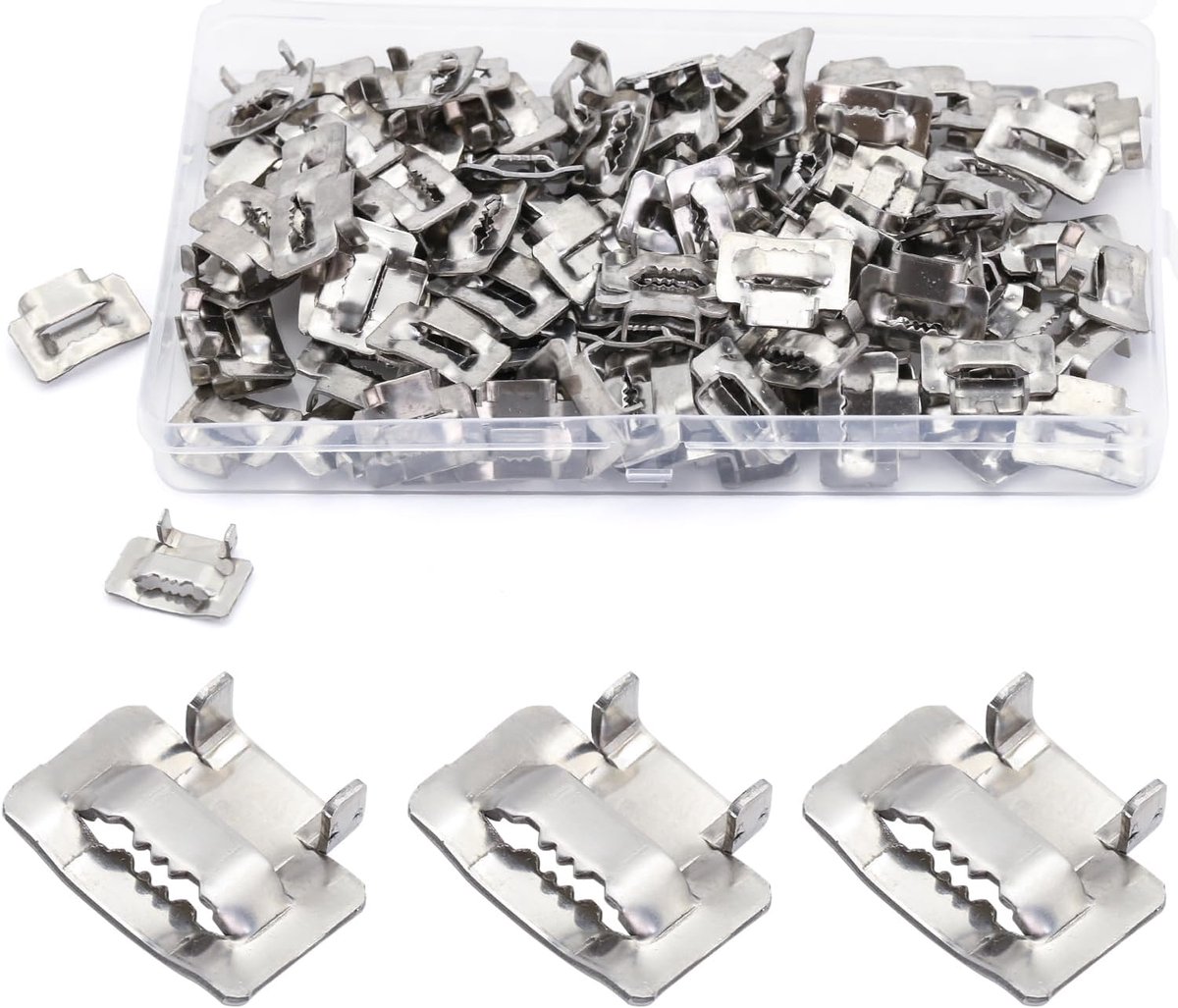 100 stuks V2A roestvrijstalen lussen, 10 mm, metalen klemmen van 3/8 inch voor 8-10 mm brede roestvrijstalen band en metalen omsnoeringsband