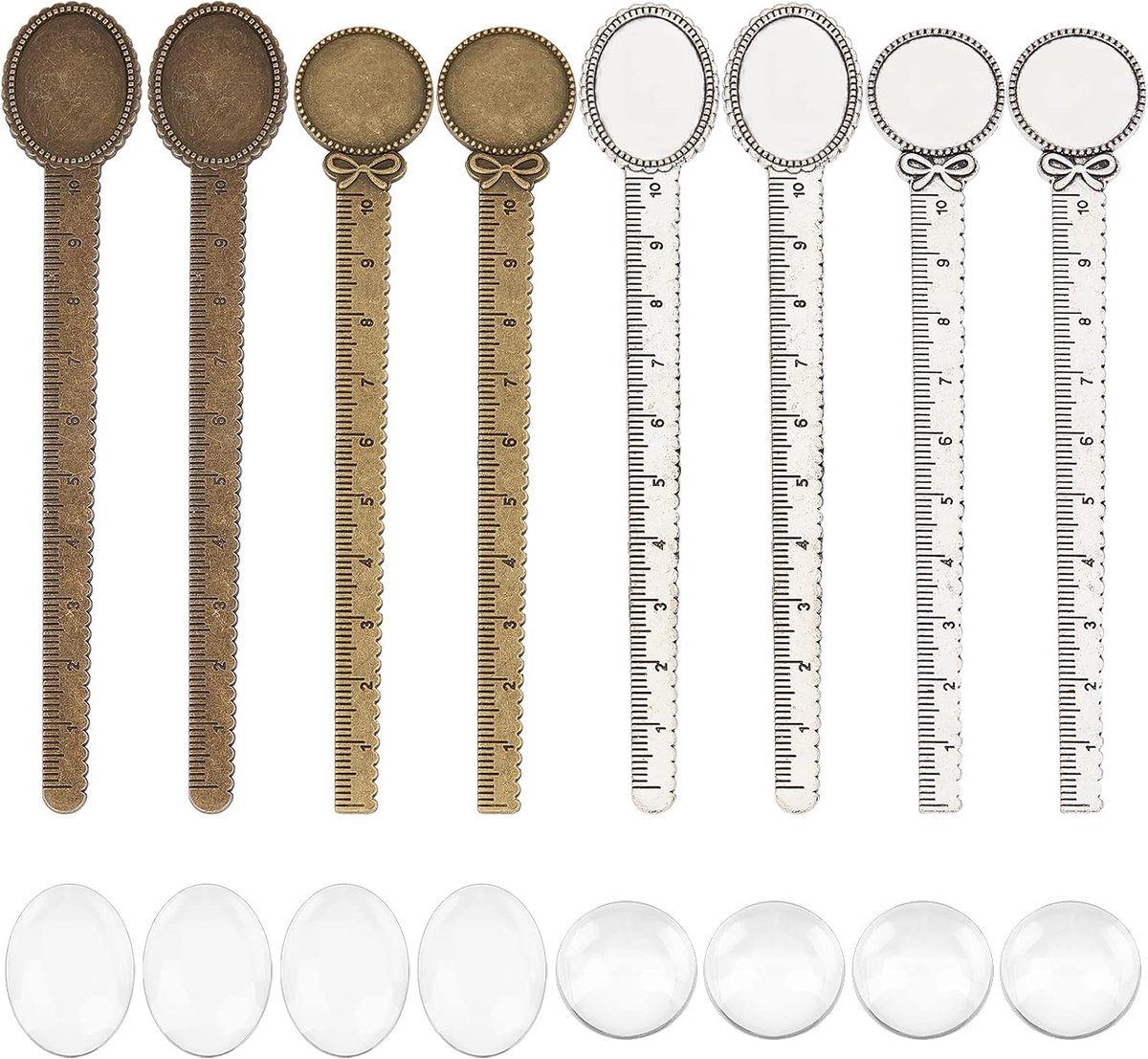 1 Doos 16 Stks DIY 8 Sets Bladwijzers Vintage Stijl Bladwijzer Maken Kit Heerser Metalen Boek Mark Trays Glas Clear Dome Cabochon Ovale Ronde Lege Bloem Patroon Lade voor Diy Craft Handgemaakte Gift