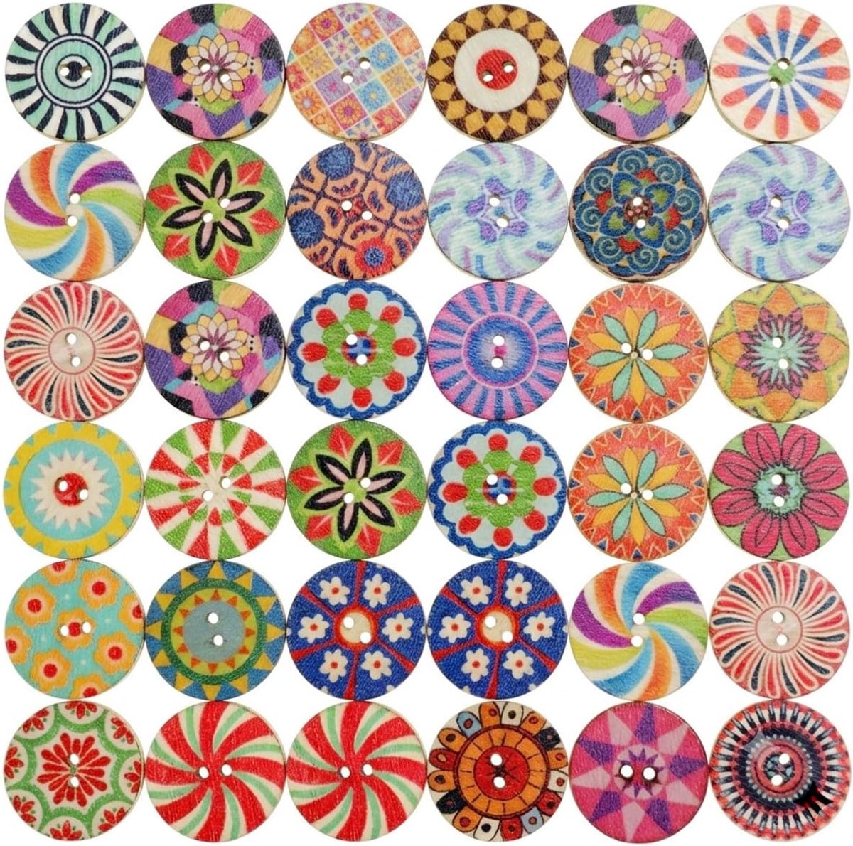 Knopen in vintage stijl, 25 mm, kleurrijke knopen met Boheemse patronen, voor knutselen, naaien, kleding, doe-het-zelf, decoratie, kleurrijke houten knopen, decoratieve