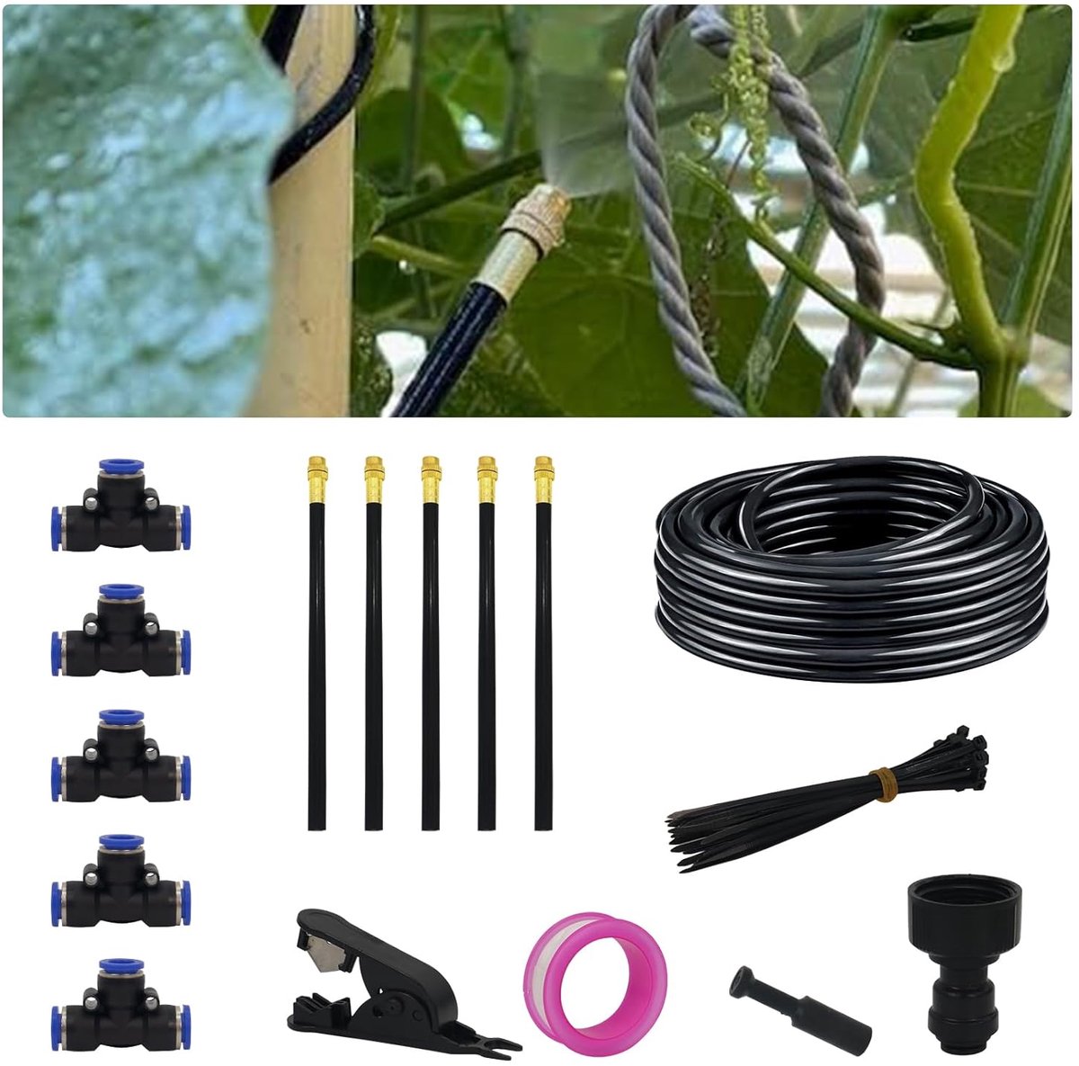 360° verstelbaar automatisch tuinbewateringssysteem met 5 sproeiers, snelaansluit-druppelbewateringssysteem voor tuin, broeikas, gazon en planten, 5 m